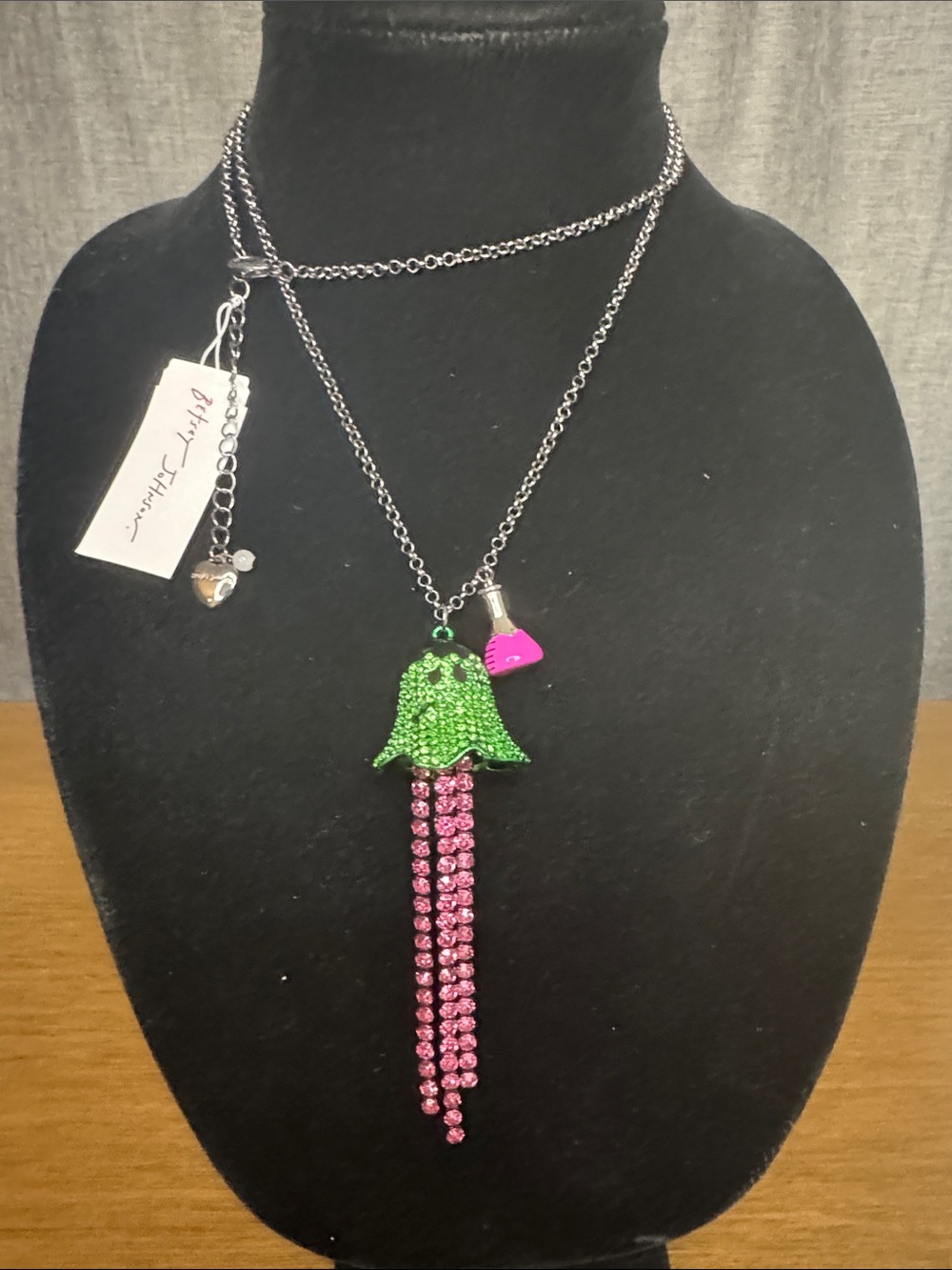 Betsey Johnson Green Ghost Pendant with Pink Crystal Tassel Y- Necklace